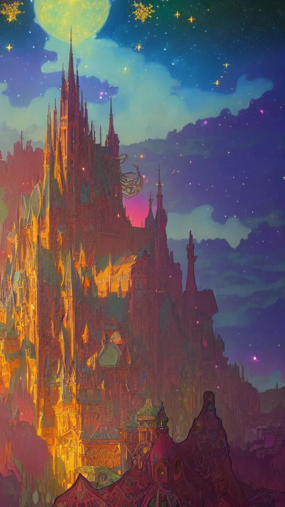 Image similar to a beautiful highly detailed matte painting of colorful castle nebulas by moebius, alphonse mucha, stars in the background, highly detailed, intricate design, cinematic view, 8 k resolution, octane render, trending on artstation and cgsociety