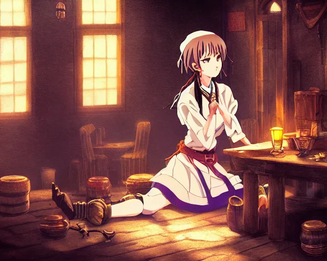 Image similar to key anime visual portrait of a young female witch in a tavern interior, dynamic pose, dynamic perspective, cinematic, dramatic lighting, muted colors, fine detail, textured