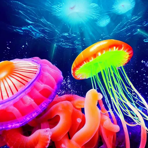 Image similar to realistic hd professional photo of colorful jellyfish creature in underwater mystical world 4 k