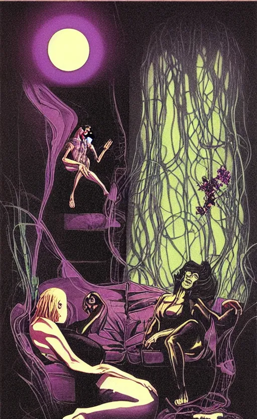 Image similar to Man and woman start to bounce in a living room of a house, floating dark energy surrounds the middle of the room. There is one living room plant to the side of the room, and another woman with siren body sitting on the sofa, surrounded by a background of dark cyber mystic alchemical transmutation heavenless realm, cover artwork by philippe caza, midnight hour, part by francis bacon, part by jeffrey smith, part by josan gonzales, part by norman rockwell, part by phil hale, part by kim dorland, rich deep color scheme, artstation, matte gouache illustration, highly detailed,