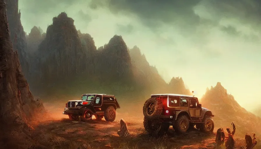 Image similar to Mahindra thar, tribe members watching nearby, an epic fantasy, dramatic lighting, cinematic, establishing shot, extremely high detail, photorealistic, cinematic lighting, artstation, by simon stalenhag, horizon forbidden west