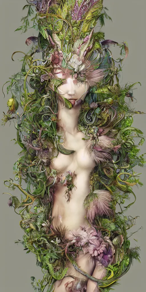 Image similar to a sculpture of mythical creatures by hannah yata, elegant female emerging from feathers and plants, leaves and vines, artstation, concept art, ambient occlusion, vray render,