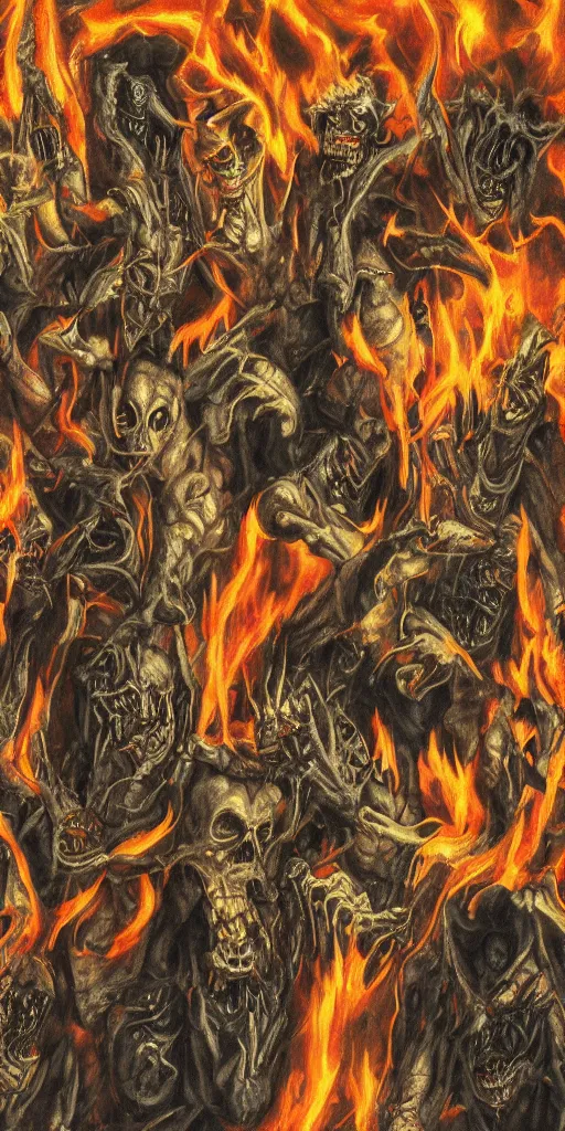 Image similar to following the damned on their way to inferno, hell, fire, hyper detailled, photorealism