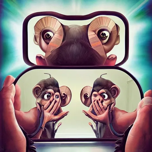 Prompt: lofi monkey in front of a mirror reflecting rule 34 expression of a human face, symmetrical hands, doctors mirror, Pixar style by Tristan Eaton Stanley Artgerm and Tom Bagshaw, high detail