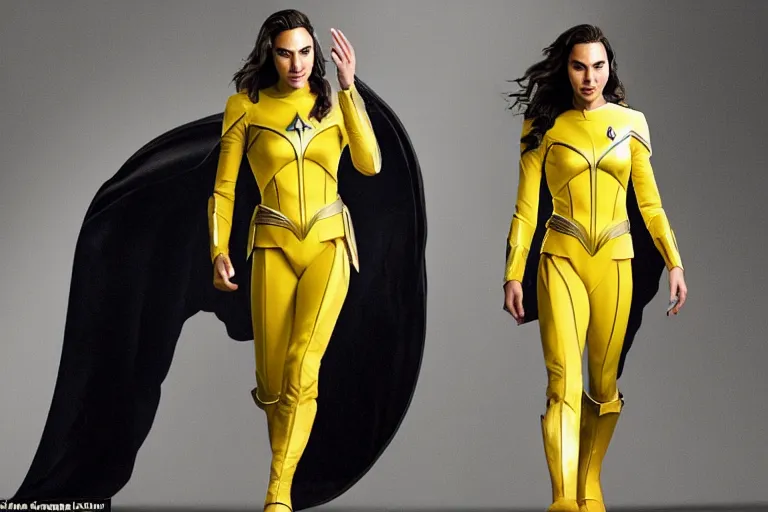 Image similar to Gal Gadot, wearing a yellow uniform, is the captain of the starship Enterprise in the new Star Trek movie