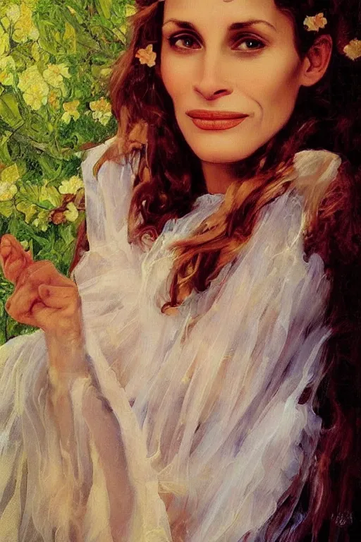 Image similar to angelic painting of young Julia Roberts, Norman Rockwell, oil painting, ethereal, cottage core, faerie, beautiful, loish,