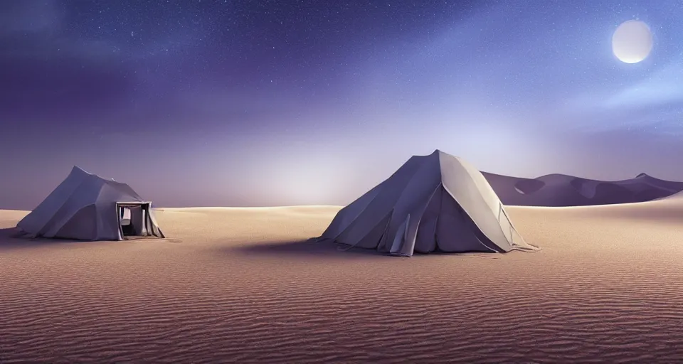 Image similar to hyper realistic matte painting of a small tent in the desert with dunes at night, blue color scheme, artstation, cgsociety