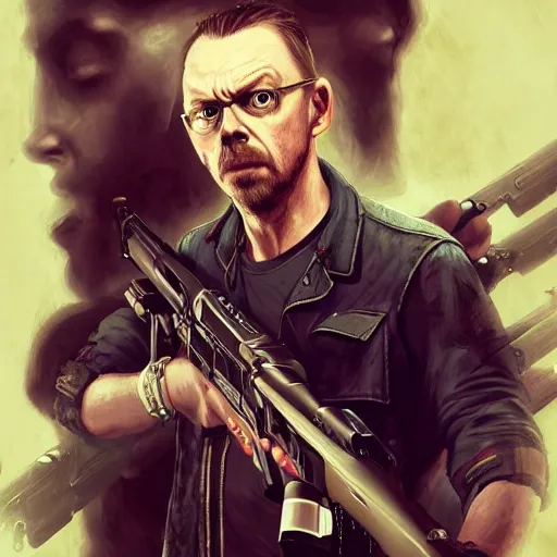 Image similar to simon pegg with winchester - rifle portrait, horror core, apocalyptic, sharp focus, fiction, hyper detailed, digital art, trending in artstation, cinematic lighting, studio quality, smooth render, unreal engine 5 rendered, octane rendered, art style and nixeu and wlop and krenz cushart