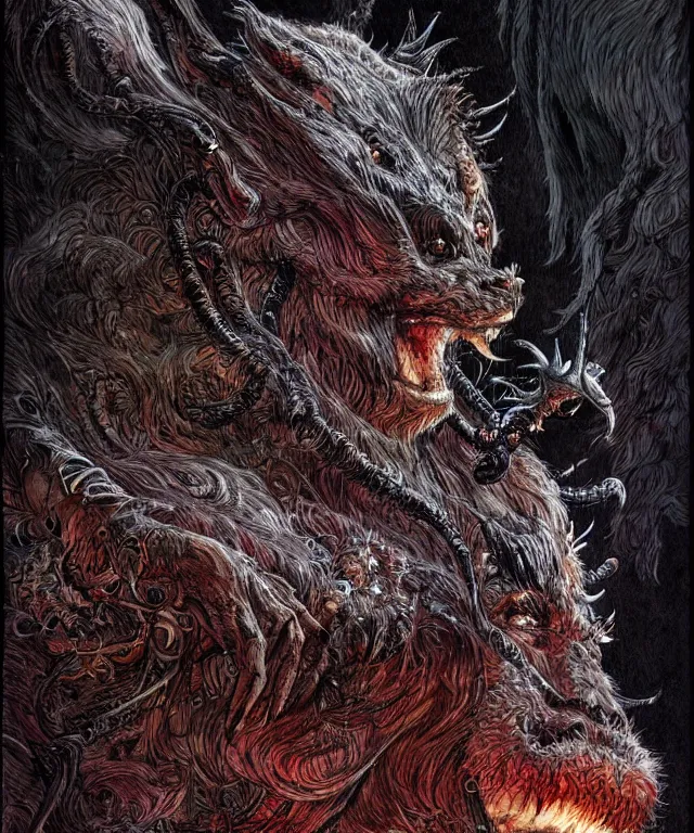 Image similar to a mythical creature covered in fur and spitting caustic acid, fantasy, elegant, digital painting, artstation, concept art, matte, sharp focus, illustration, art by philippe druillet