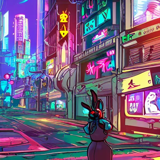 Prompt: a video game where the main character is a rabbit and you play in a cyberpunk city