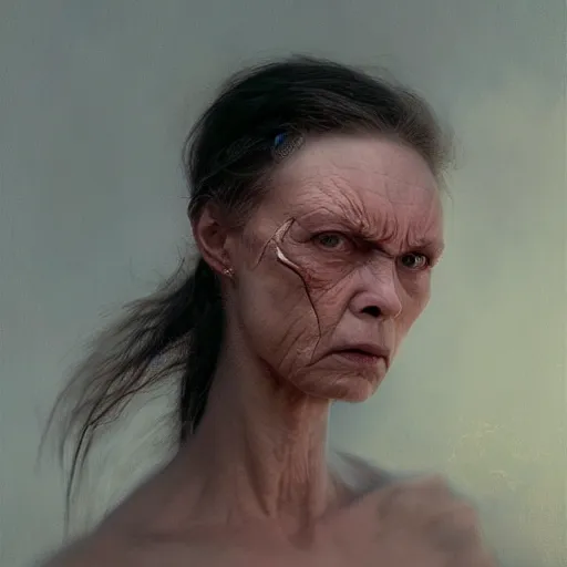 Image similar to A portrait of a woman, angry face, art by Greg Rutkowski and Zdzisław Beksiński