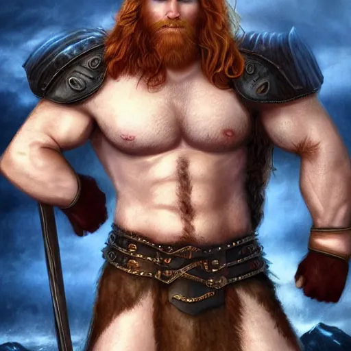 Prompt: ginger viking with flowing long wavy hair in leather armor, very pale, very hairy chest, bare chest, very thick thighs, bare legs, husky body type, big muscles, very tall, strong, powerful, majestic, imposing, full body picture, matte painting, concept art, 4 k