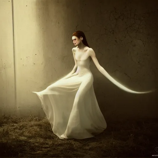 Image similar to kodak portra 4 0 0 long exposure photo portrait of a beautiful woman, dreaming in style of antoine d'agata, dressed a long white, elegant, highly detailed, sharp focus, octane render, ethereal, otherworldly colors, atmospheric, soft light, dreamy, volumetric lighting unreal engine, epic fantasy