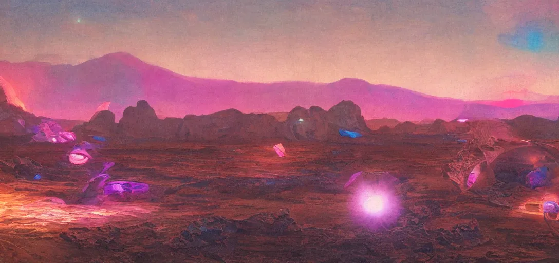 Prompt: beacons of soft light drifting above a desert, classical landscape painting, oil paints, giant ceramic pottery broken and submerged, highly detailed, lasers, late evening with pink light on the horizon, psychedelic colors, sharp details