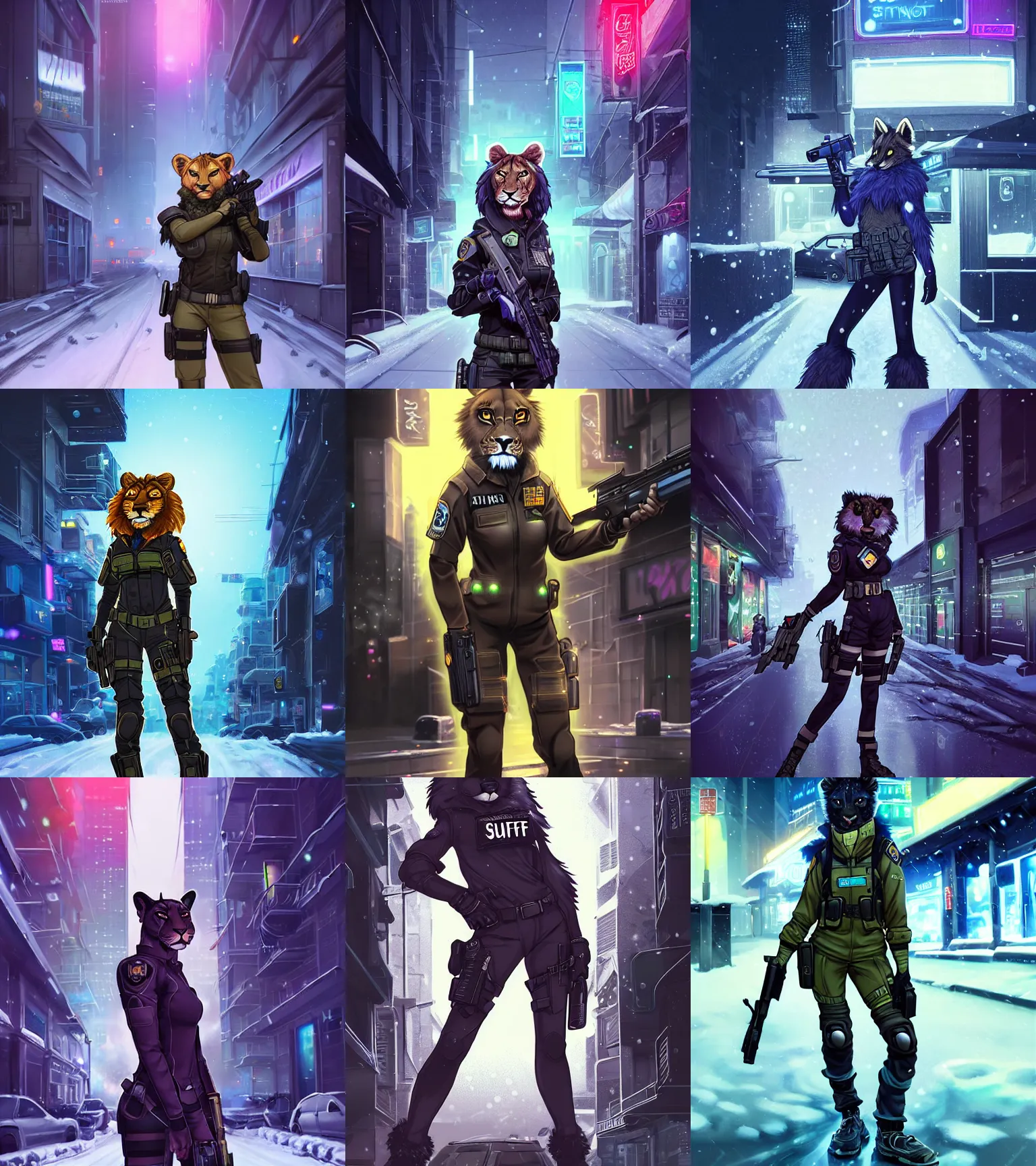 Image similar to beautiful furry art portrait commission of a female furry anthro lioness fursona wearing a tactical swat uniform in the streets of a cyberpunk city at night in the snow. neon light. character design by charlie bowater, ross tran, artgerm, and makoto shinkai, detailed, inked, western comic book art