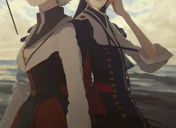 Image similar to portrait of lady maria, helm of second world war warship in background, illustration concept art anime key visual trending pixiv fanbox by wlop and greg rutkowski and makoto shinkai and studio ghibli and kyoto animation, symmetrical facial features, shoulder eyes, astral witch clothes, dieselpunk, realistic anatomy, gapmoe yandere grimdark, volumetric lighting, backlit