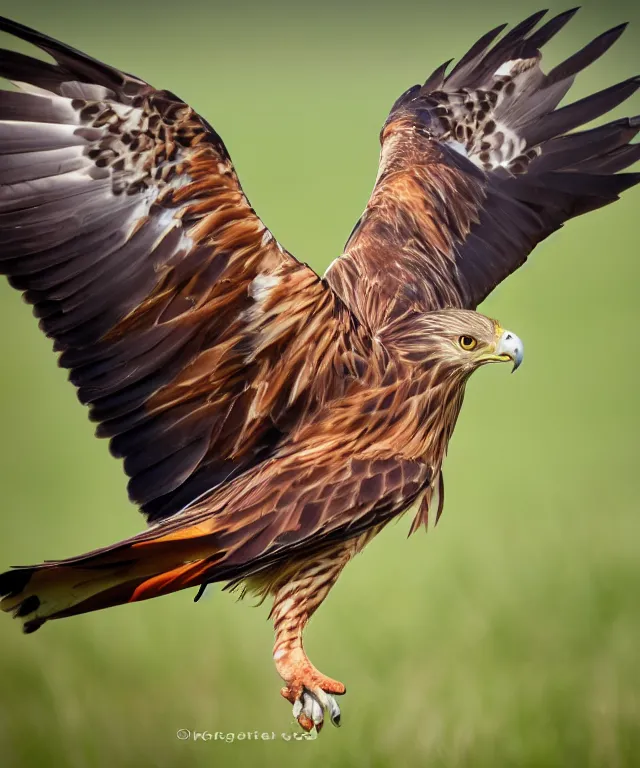 Prompt: realistic, photograph of a red kite bird standing in a field, 4 k, hd, nature photography, telephoto, wildlife photography