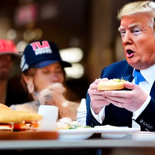 Prompt: donald trump stting at a restaurant table eating a cheeseburger with his mouth wide open, paparazzi photo