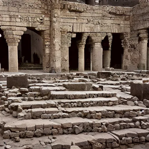 Prompt: photograph of the well preserved ruins of a medieval abyssinian city market made out of ornate carved granite blocks. 3 5 mm color film photograph