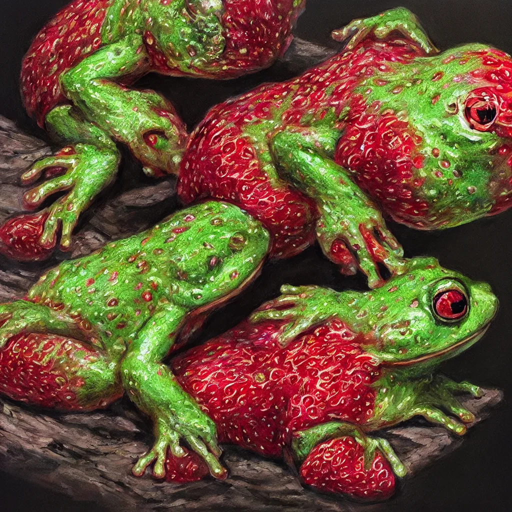 Image similar to hyperrealistic mixed media painting of a strawberry frog chimera, dim volumetric lighting, 8 k octane beautifully detailed render, post - processing, portrait, extremely hyper - detailed, intricate, epic composition, cinematic lighting, masterpiece, trending on artstation, very very detailed, masterpiece, stunning