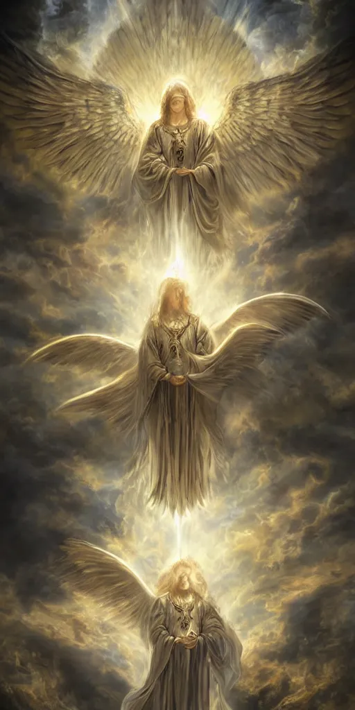 Prompt: The gate to the eternal kingdom of Heaven, seraphim in the clouds, cherubim in the clouds, holy rays, fantasy, digital art, HD, detailed.