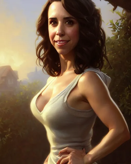 Image similar to a portrait painting of lacey chabert / linda cardellini / alison brie oil painting unreal 5 daz. rpg portrait, extremely detailed artgerm, greg rutkowski, alphonse mucha, vladimir volegov, adolphe bouguereaum