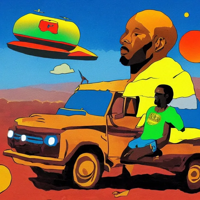 Image similar to UFO and an African Jesus in the sky , colourful, in the style of Nigerian truck art,