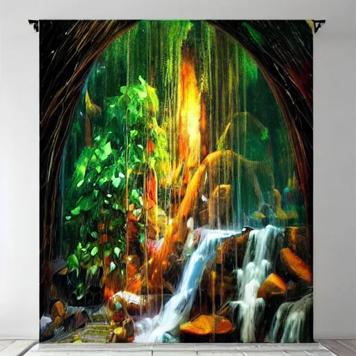 Image similar to overgrowth waterfall mushroom rich 8 k geometric by antoni gaudi, android jones, leonid afremov