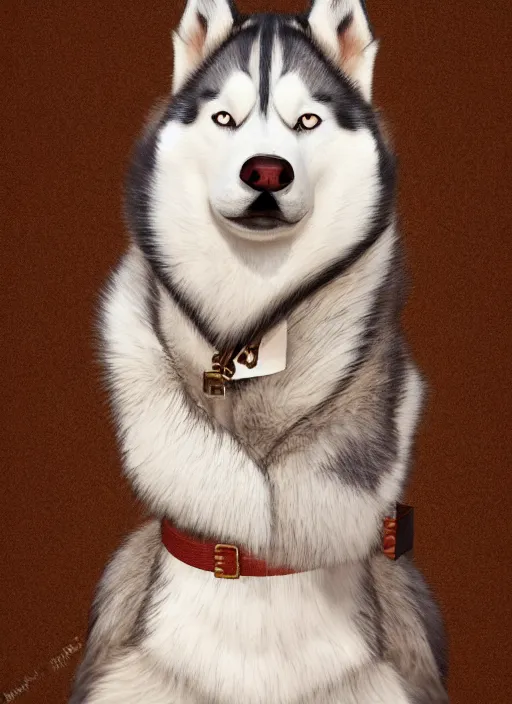 Image similar to masterpiece portrait of a cute husky as a gentleman, au naturel, hyper detailed, digital art, trending in artstation, cinematic lighting, studio quality, smooth render, unreal engine 5 rendered, octane rendered, art style by klimt and nixeu and ian sprigger and wlop and krenz cushart and kim jung gi and greg rutkowski