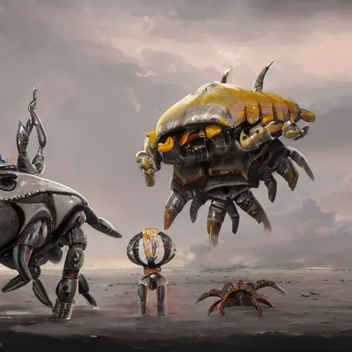 Image similar to a gray unicorn alien and a robotic crab, with african decoration and a spongebob puppet, highly detailed, concept art, art by wlop and artgerm and greg rutkowski, masterpiece, trending on artstation, 8 k