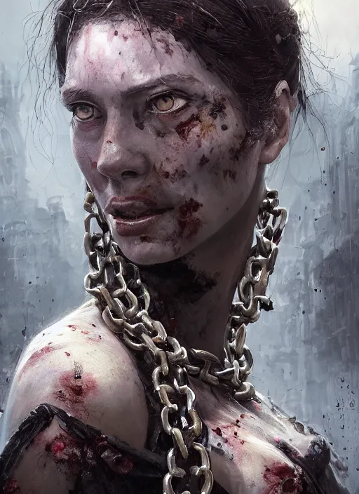 Image similar to A portrait of zombiefid women covered in chains by Greg Rutkowski, Sung Choi, Mitchell Mohrhauser, Maciej Kuciara, Johnson Ting, Maxim Verehin, Peter Konig, Bloodborne, 8k photorealistic, cinematic lighting, HD, high details, dramatic, atmospheric , trending on artstation