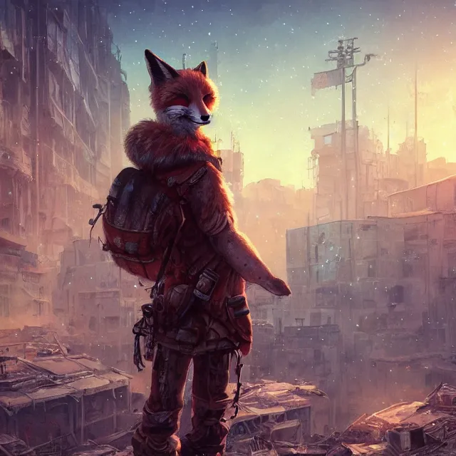 Prompt: ultra wide shot, fox person in an abandoned city, post apocalyptic. artstation, digital painting, background bokeh, realism, illustration, amazing art, award winning, trending