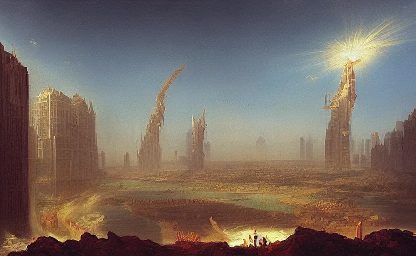 Image similar to “ the fall of dubai, in the style of thomas cole ”