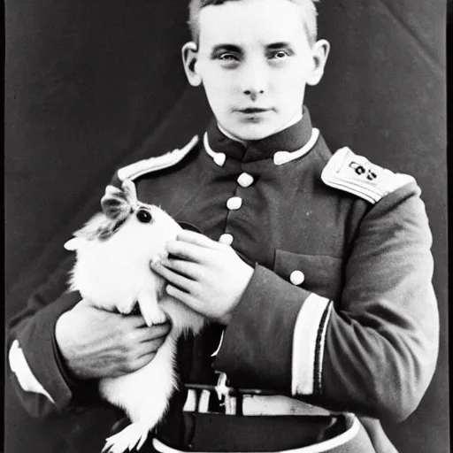 Prompt: a black and white photograph of a guinea pig wearing a russian world war 1 uniform