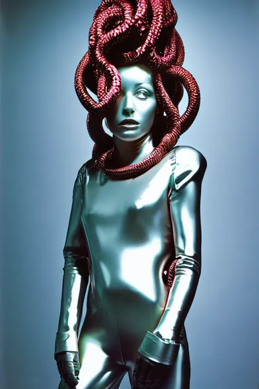 Image similar to full - length portrait of medusa gorgon in a space suit, fashion color studio lighting, 3 5 mm, close - up