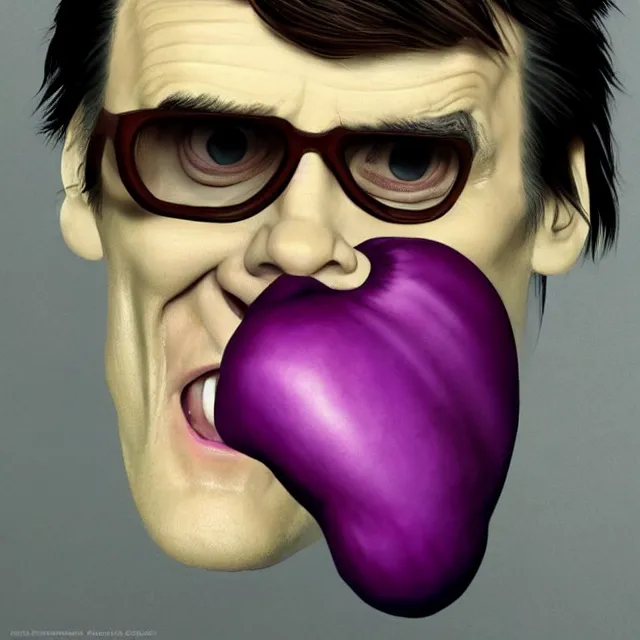 Image similar to jim carrey in a eggplant costume, trending on artstation