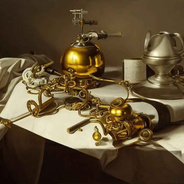 Image similar to still life painting of a cybernetic arm by pieter claesz, oil on canvas, strong lighting, highly detailed, hyper realism, golden hour, god rays, hd, 4 k