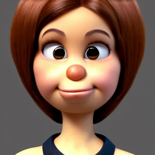 Image similar to A portrait of a curvy woman, a cute 3d cgi toon woman with brown hair in a Bob, no bangs, brown eyes, full face, olive skin, romanian heritage, medium shot, mid-shot, hyperdetailed, 8k, trending on artstation, as a Pixar character