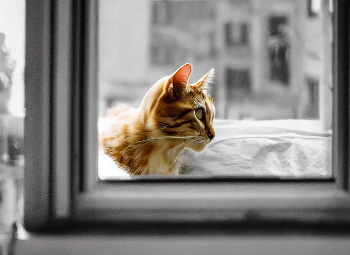 Image similar to photography of a Cat . watching outside the window. on a bed. in a 70's room full of vinyls and posters, photorealistic, award winning photo, 100mm, sharp, high res