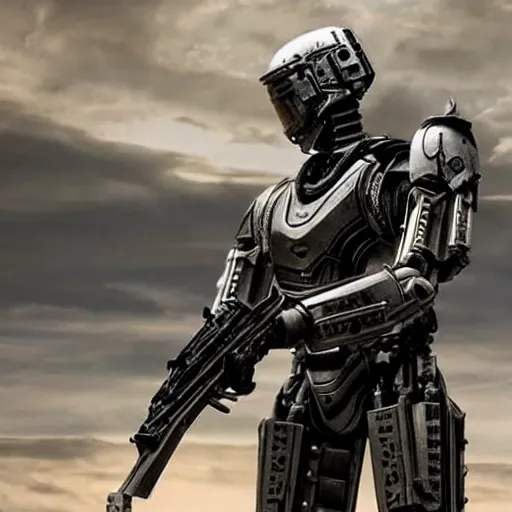 Prompt: cinematic still in westworld and real steel movie, one slim full body ornate armored core by fujioka kenki and by mamoru nagano, holding sci - fi rifle,