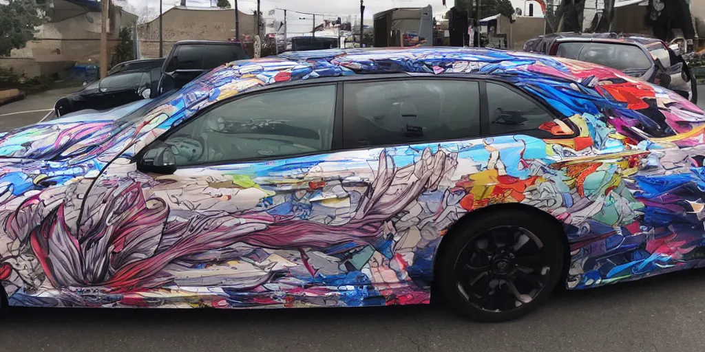 Prompt: side shot, anime car wrap, muscular Bernie sanders