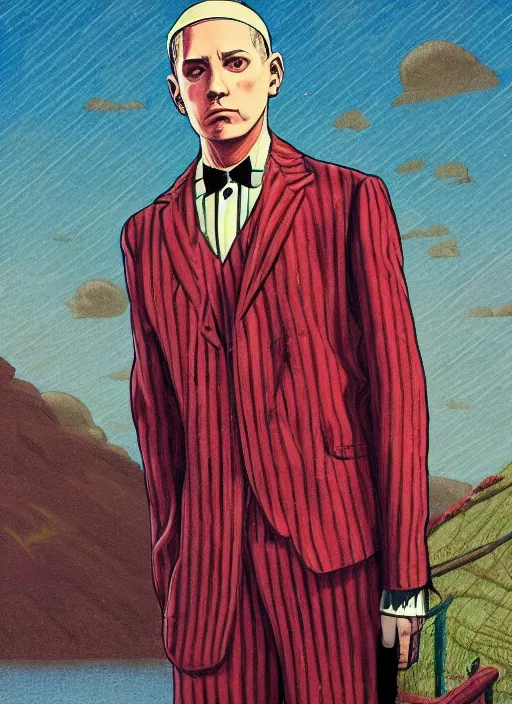 Prompt: Eminem wearing a 1920s red striped outfit, dapper, from scene from Twin Peaks by Michael Whelan, Bob Larkin and Tomer Hanuka, a solo individual portrait of, simple illustration, domestic, nostalgic, full of details, by Makoto Shinkai and thomas kinkade, Matte painting, trending on artstation and unreal engine