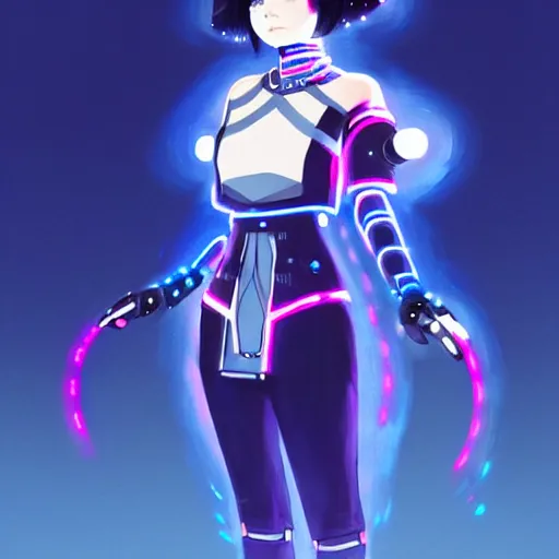 Image similar to a beautiful! bjork model, wearing futuristic cyber leather dress with glowing blue led lights, jrpg aztec street fashion, gapmoe yandere grimdark, trending on pixiv fanbox, painted by greg rutkowski makoto shinkai takashi takeuchi studio ghibli, akihiko yoshida