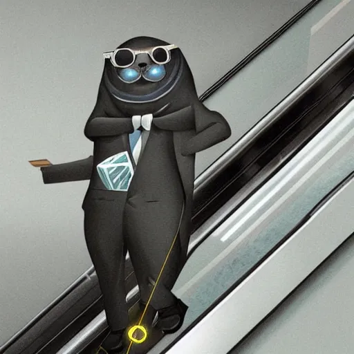 Prompt: a seal with sunglasses wearing a suit on an escalator, concept art, highly detailed, digital art, trending on artstation