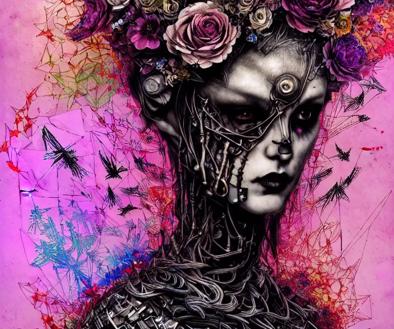 Image similar to gothic mute hybrid cyborg warrior girl of flowers, cybor clothes shaping love!, freedom fighter, eerie, cinematic, epic, 8 k, ultra realistic,. | a psychedelic, illustration by albrecht durer, concept art in style of carne griffiths artwork by xsullo. | backround of beautiful floweres floatingby elson, peter kemp, peter