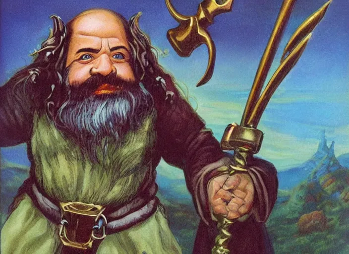 Image similar to a dwarf sorcerer holding a pickaxe and a large jewel. his eyes are glowing. high fantasy art ( 1 9 8 7 )