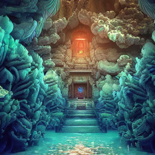 Prompt: a beautiful digital artwork of an underwater temple built from coral. magical, enchanted. trending on artstation
