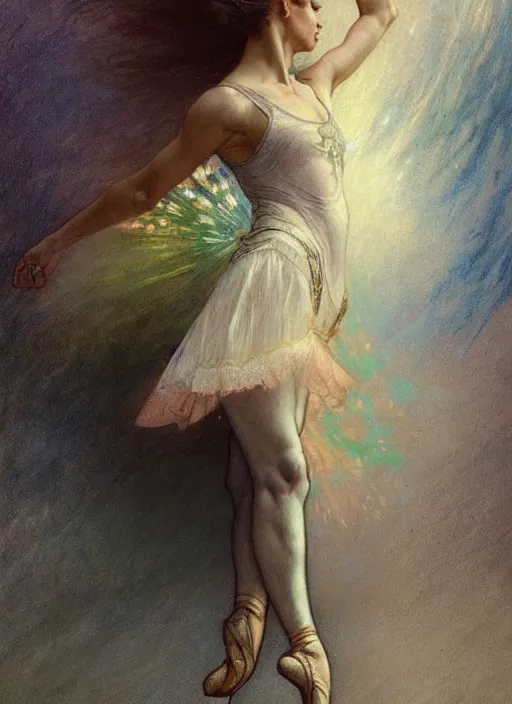 Image similar to a beautifull intricate chalk painting of a dancing ballerina, reflexions, verry high details by william turner art, greg rutkowski and alphonse mucha, trending on artstation, very very detailed, masterpiece, muted colors