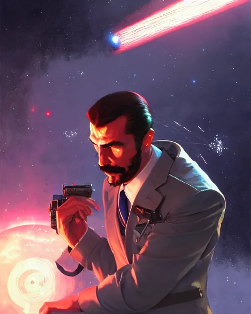 Image similar to gigachad luigi firing a laser cannon like ernest khalimov wearing a suit in the space lab, fantasy character portrait, ultra realistic, anime key visual, concept art, intricate details, highly detailed by greg rutkowski, ilya kuvshinov, gaston bussiere, craig mullins, simon bisley