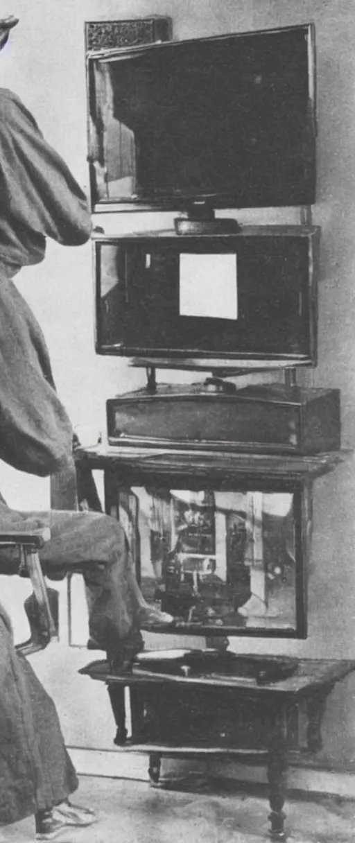 Prompt: 1 9 0 0 s photo of a person watching a flat screen hd tv